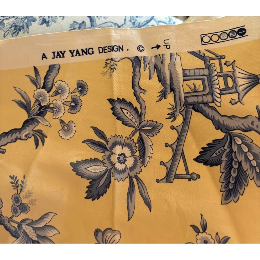 Jay Yang Design Chinoiserie Toile Fabric Blue Yellow Pagoda Damask
